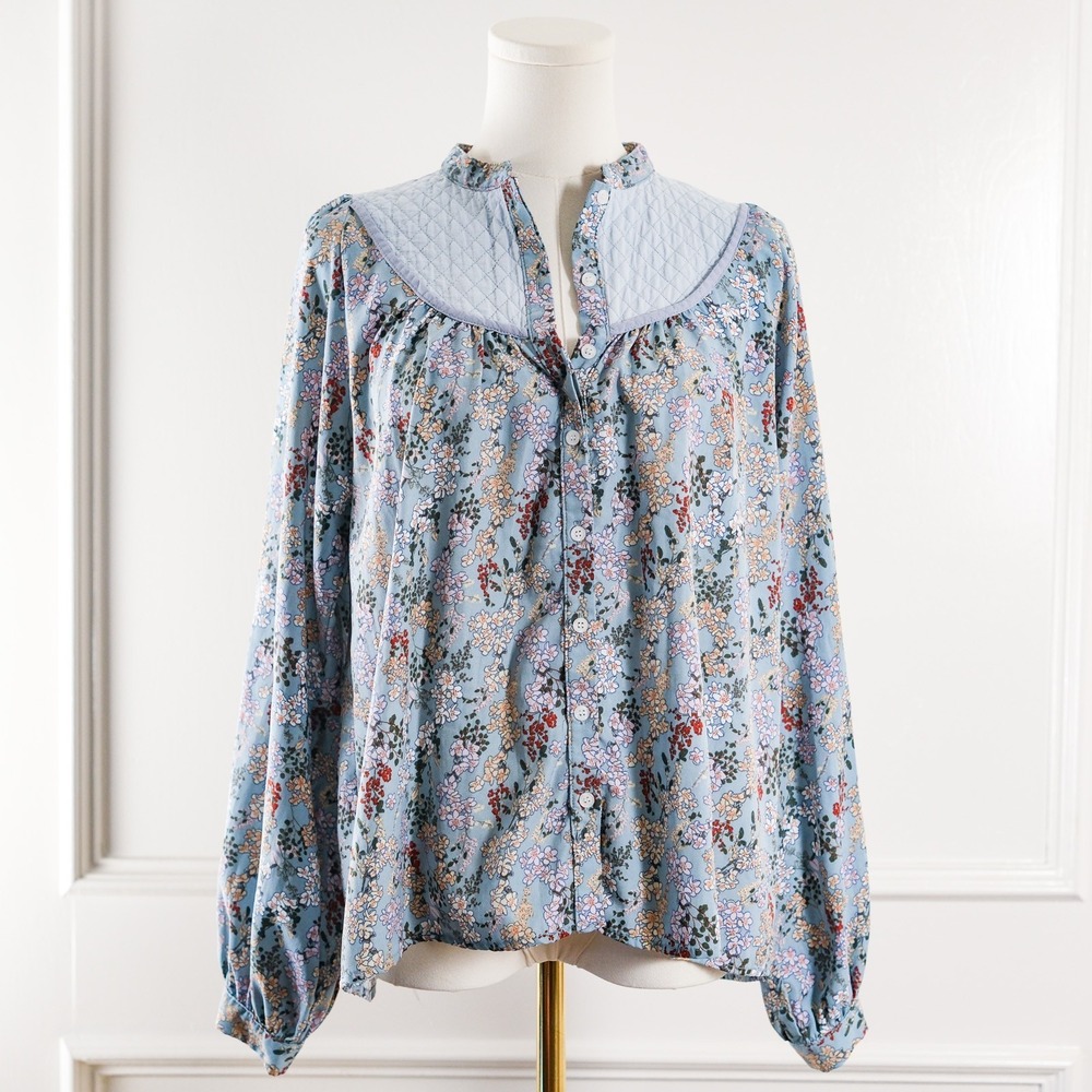 The Shirt by Rochelle Behrens Shirt Womens Size Small Blue Floral Long Sleeves